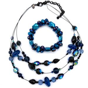 Chico's Blue Beaded Necklace Bracelet Set AB Crystal Faceted Statement